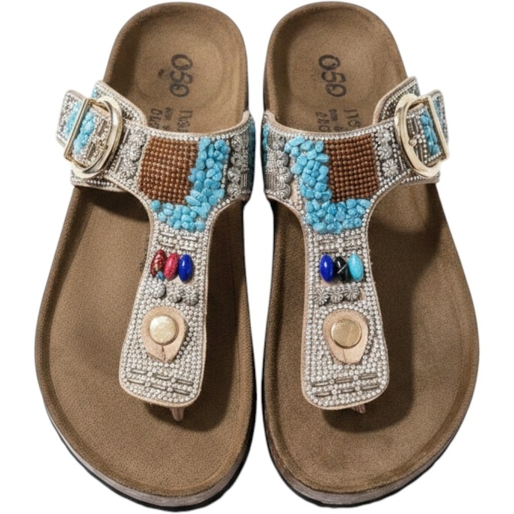 Outwoods Bork-107 Women Silver Comb Beaded Rhinestone Thong Sandals Boho Slides